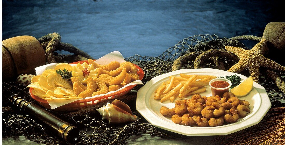 Two Fried Seafood Platters; Nets and Shells