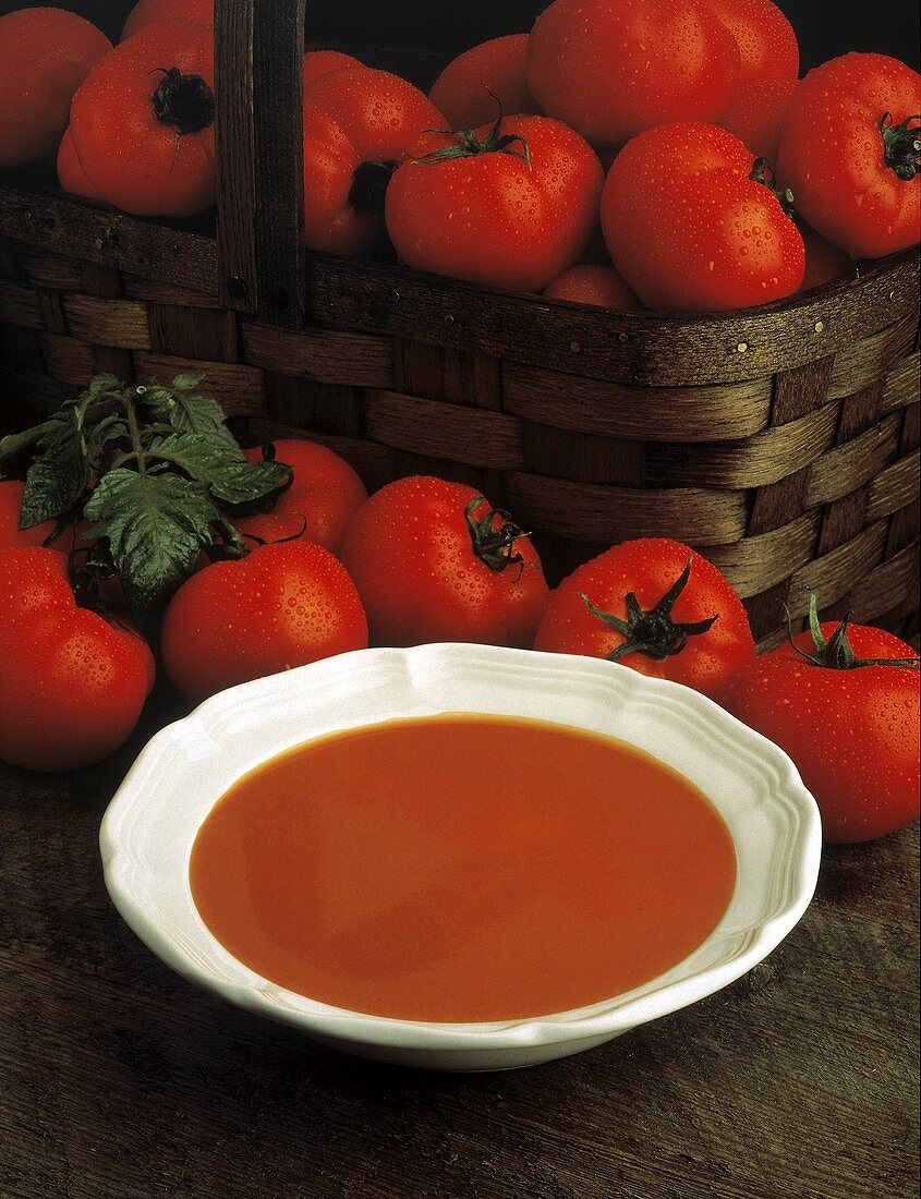 Ein Teller Tomatensuppe vor frischen Tomaten