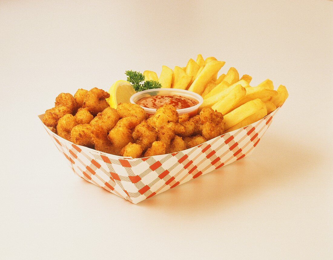 Fried Shrimp with French Fries; Paper Basket