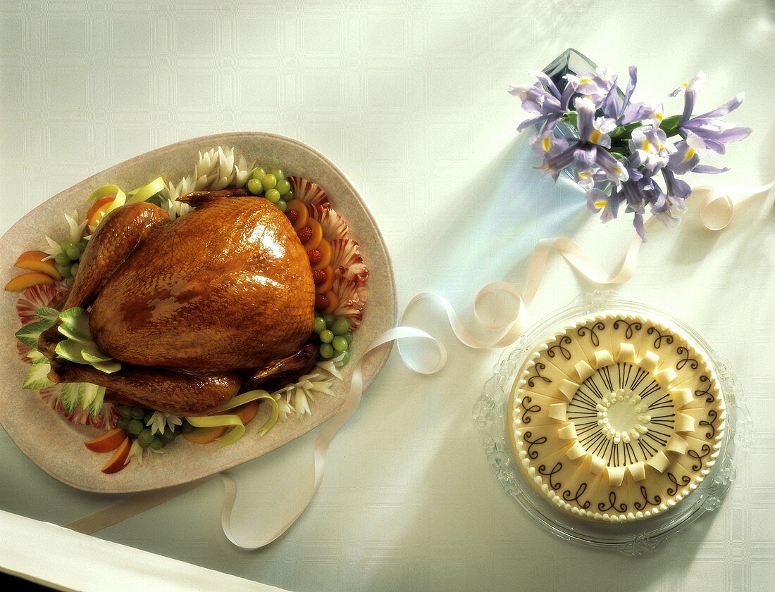 Turkey on Platter with Marzipan Torte