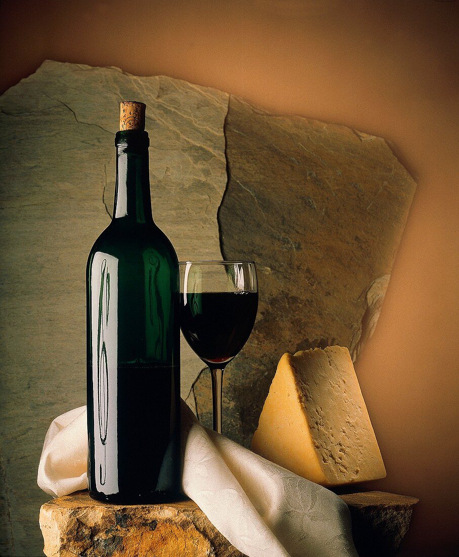 Bottle and Glass of Wine with Cheese