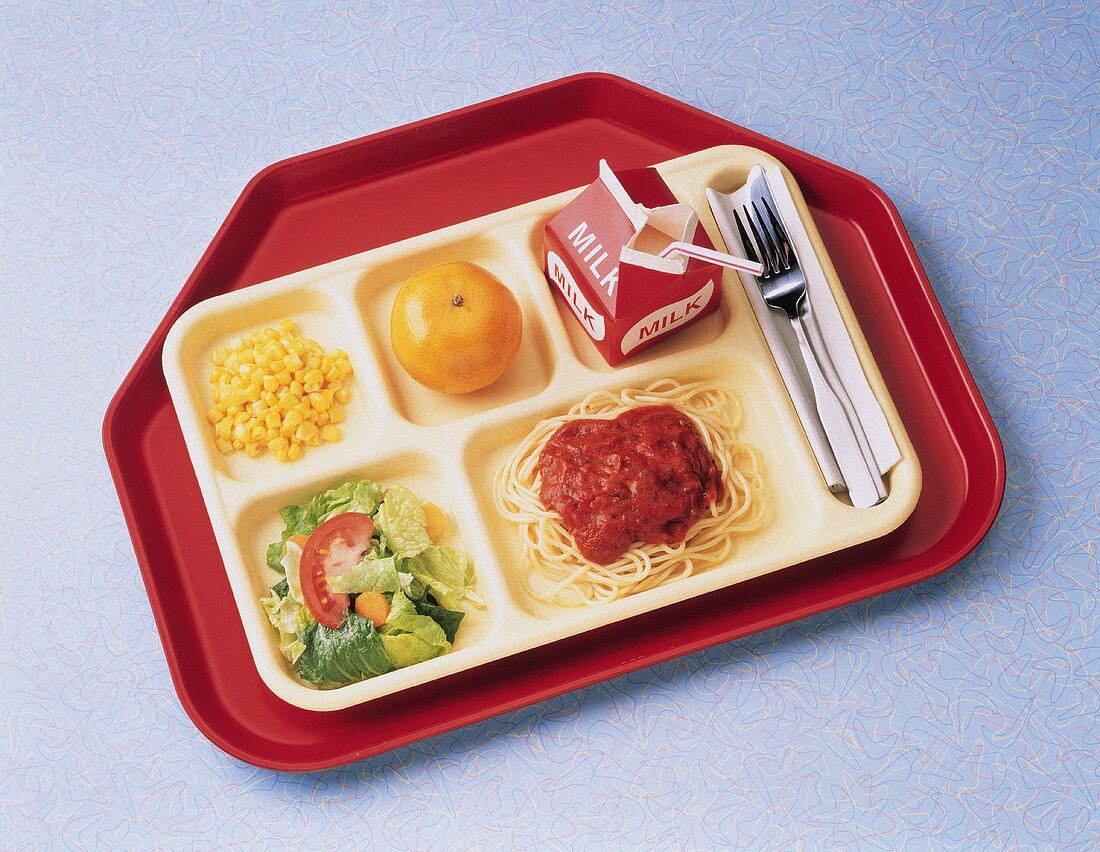 Schulessen auf Tablett mit Spaghetti, Salat, Milch & Orange