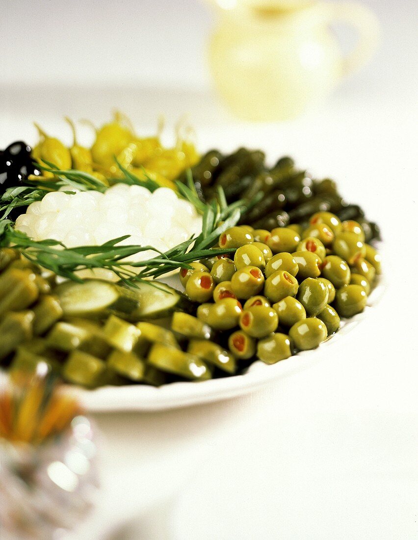 Large Tray with Pickles and Olives; Pearl Onions
