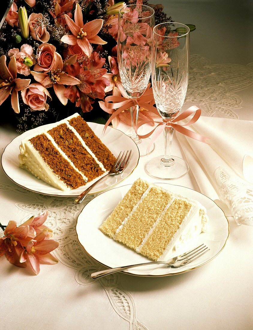 Wedding Cake Slices with Flowers and Glasses
