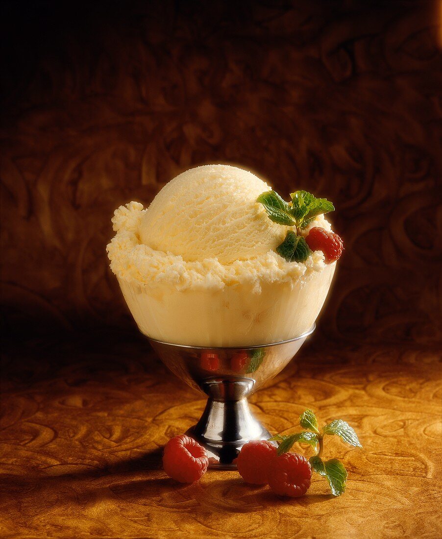 Dish of Vanilla Ice Cream with Raspberry; Mint