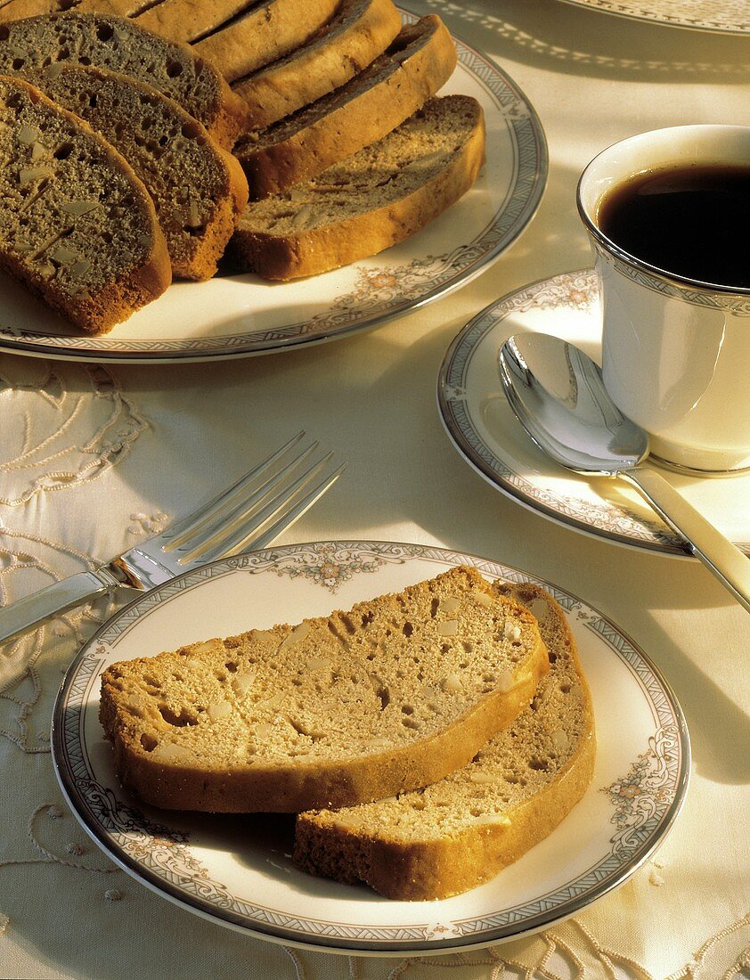 Sliced Nut and Honey Cake; Cup of Coffee