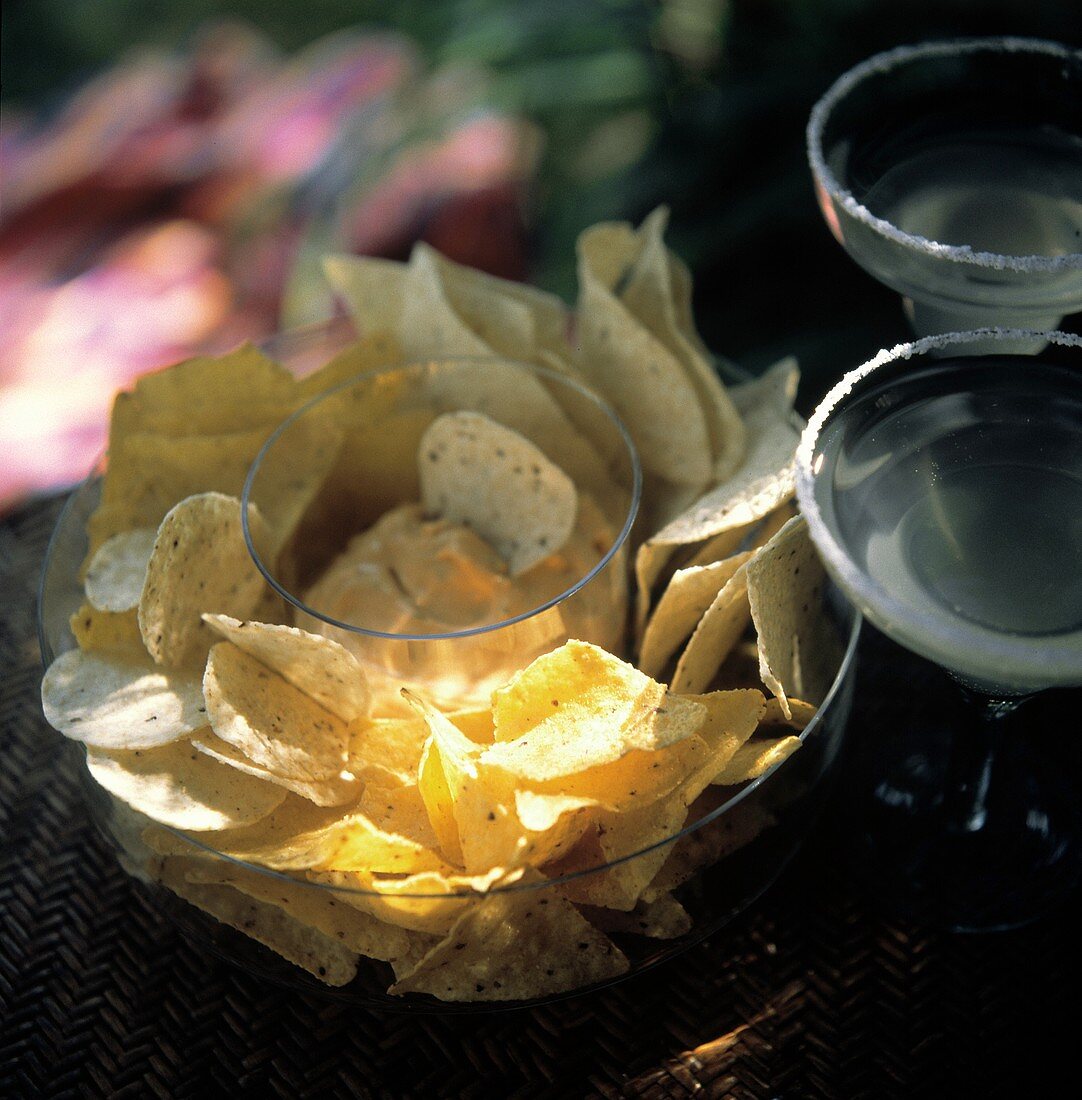 Corn Chips with Cheese Dip and Margaritas