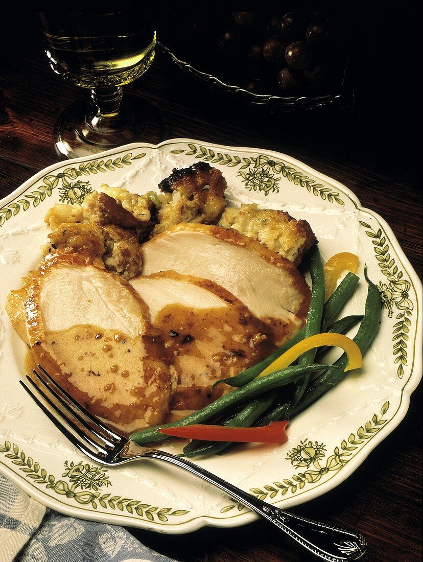 Sliced Turkey with Gravy; Stuffing and Green Beans