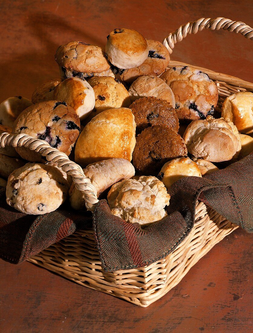 Assorted Scones Biscuits and Muffins in Basket
