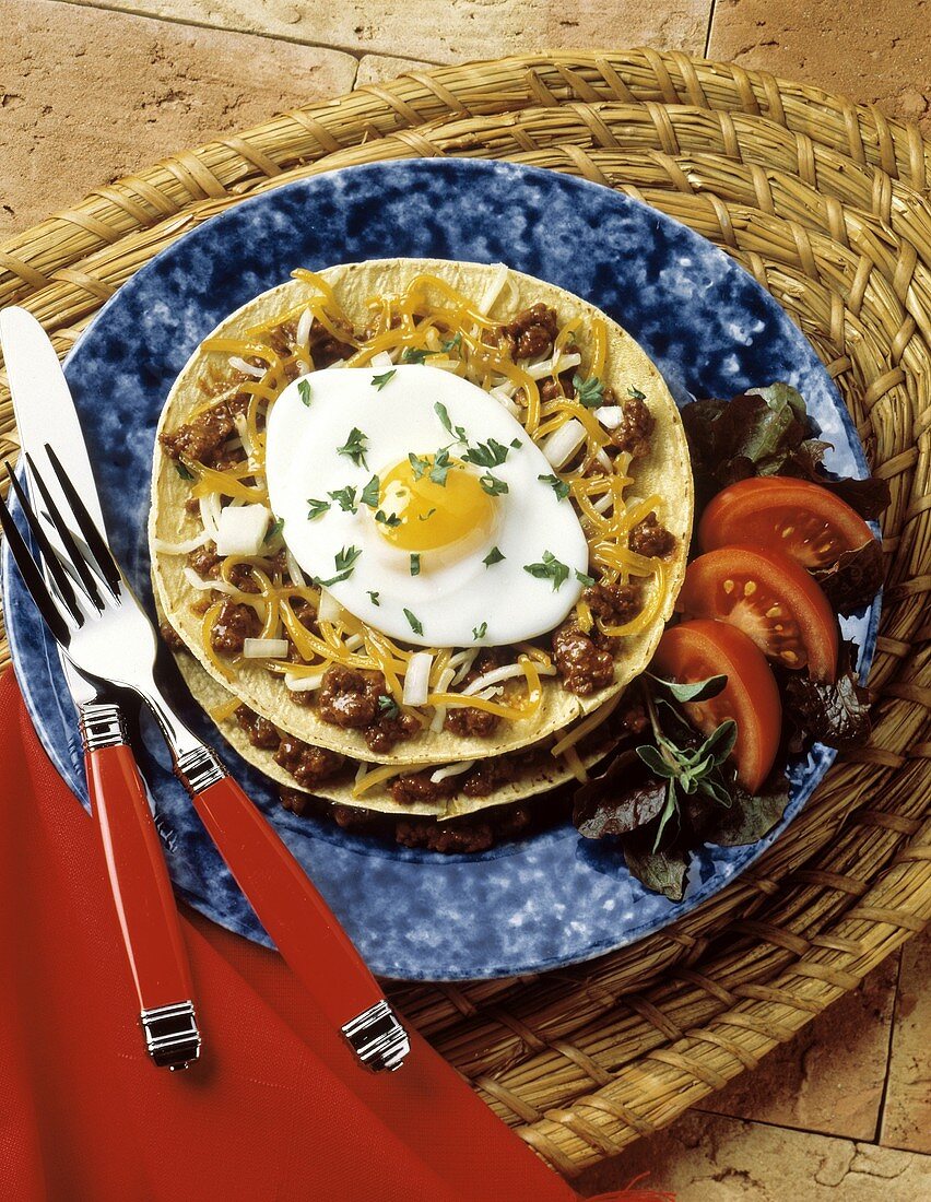 Tostada with Fried Egg and Ground Beef