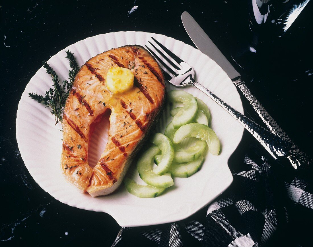 Grilled Salmon Steak with Sauteed Cucumbers