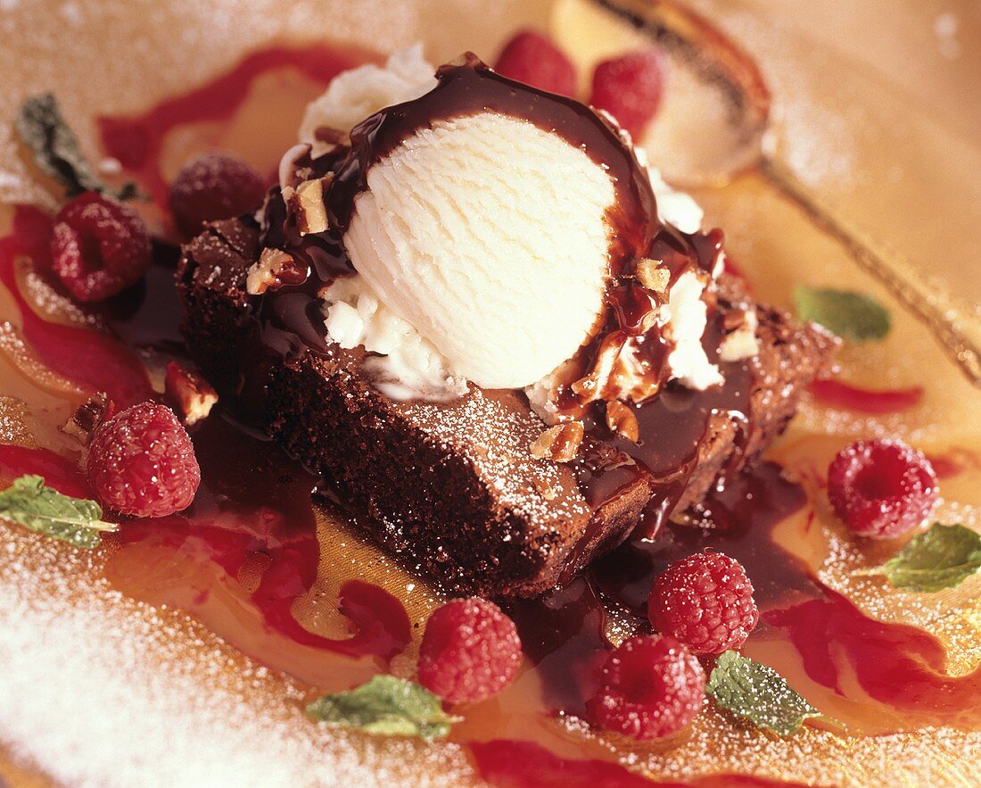 Brownie with Vanilla Ice Cream and Hot Fudge; Raspberries