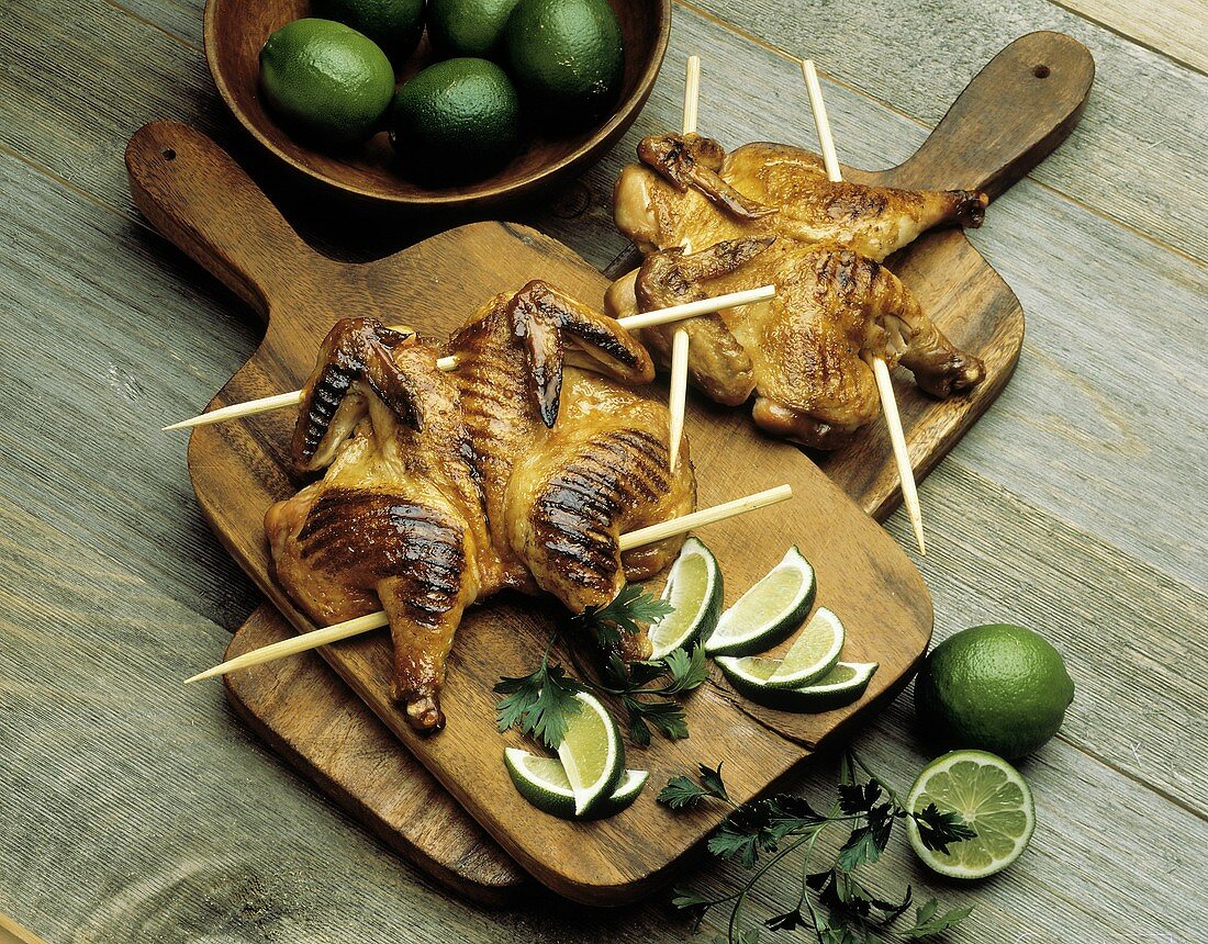 Grilled Cornish Game Hens on Wood Skewers