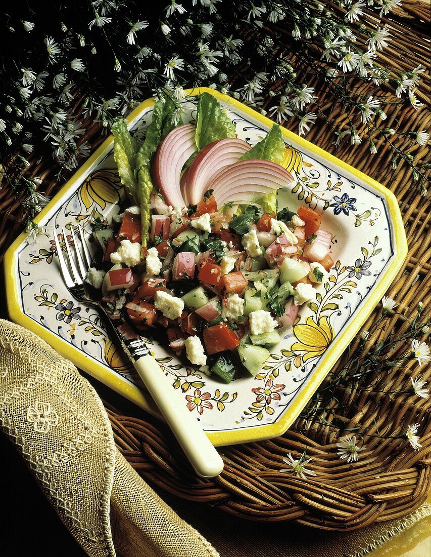 Salad with Red Onion; Tomato; Feta and Cucumber