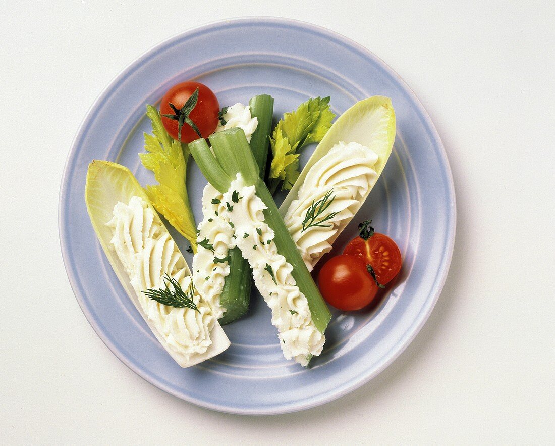 Endive and Celery Stalks with Cream Cheese