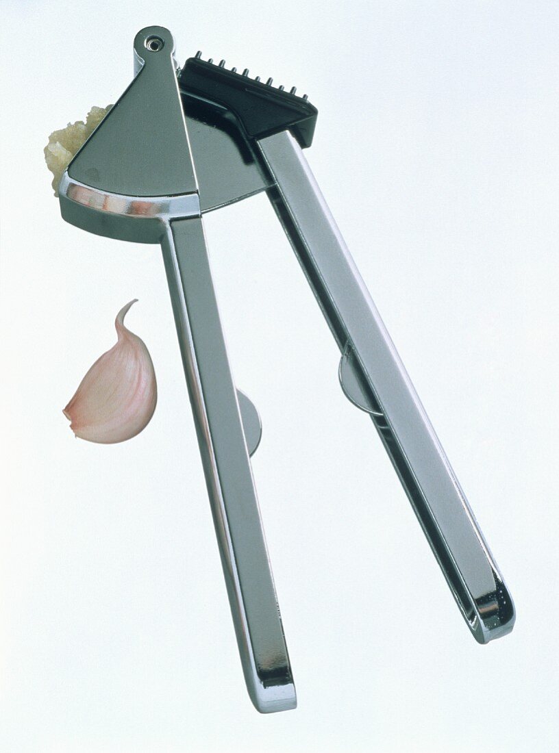 Garlic Press with Garlic on Marble