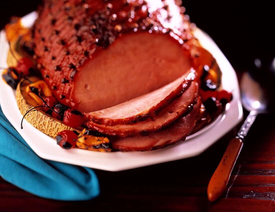 Whole Ham with Slices; Fruit and Cloves