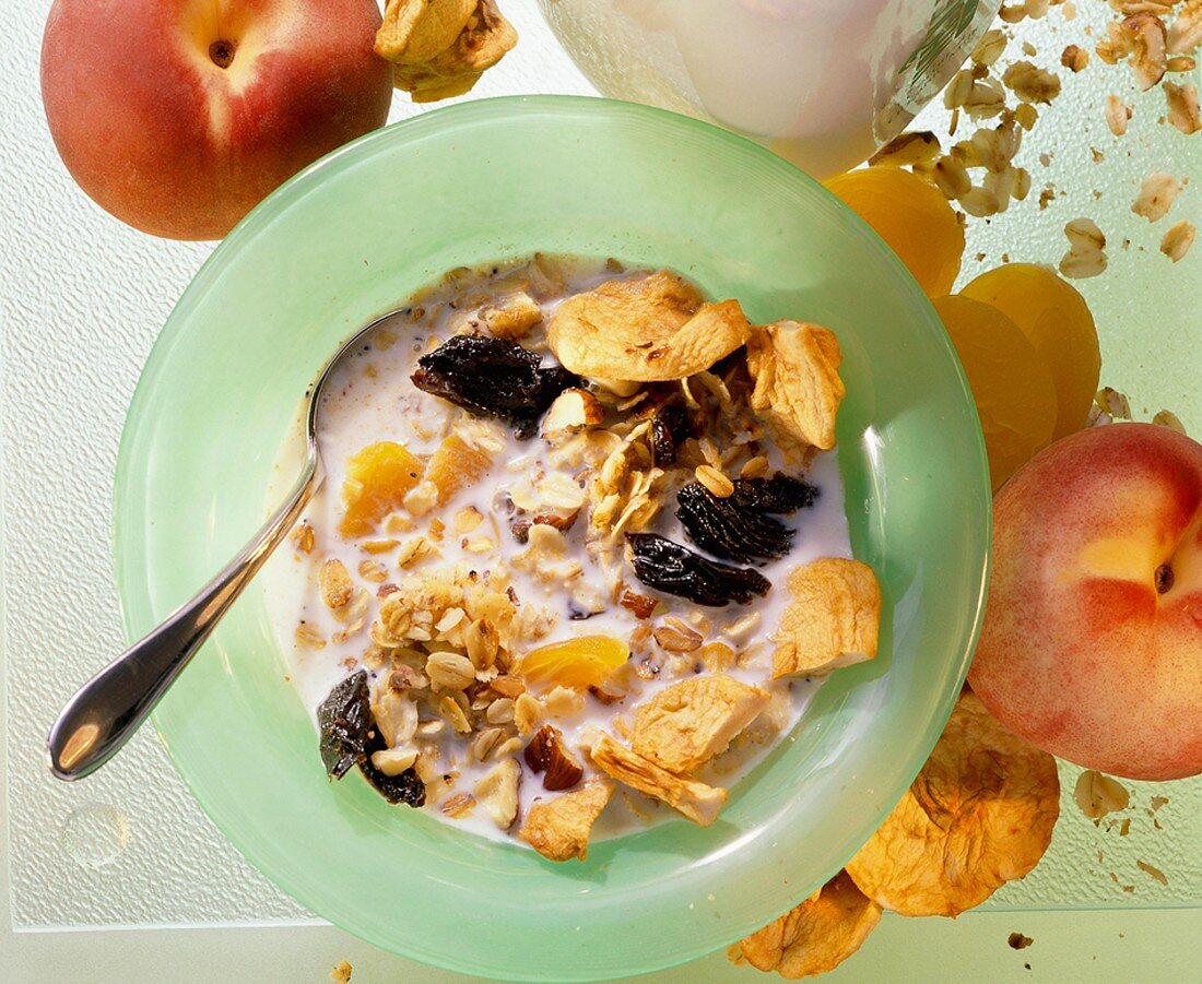 Müsli mit getrockneten Aprikosen & Pflaumen auf Teller