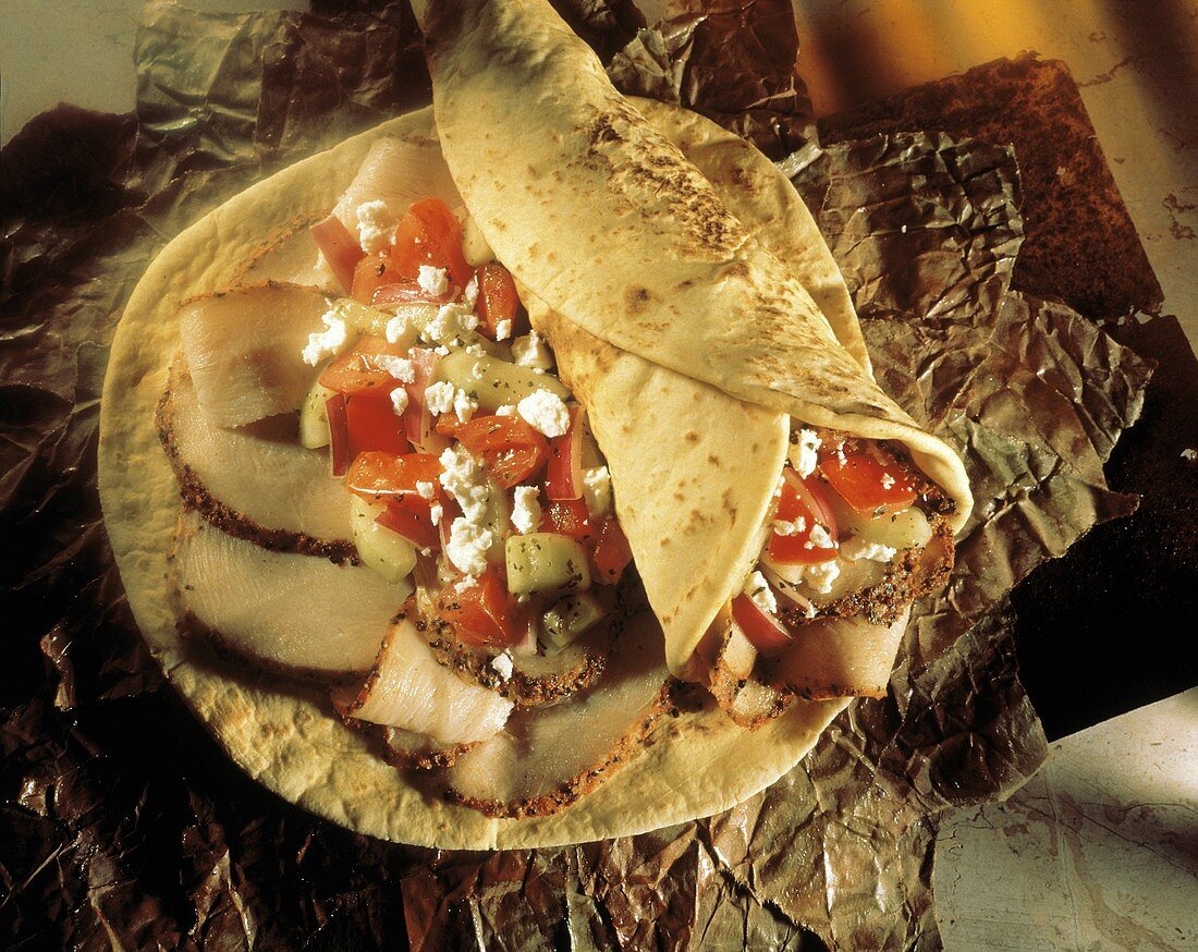Rolled Turkey Pita with Vegetables and Feta