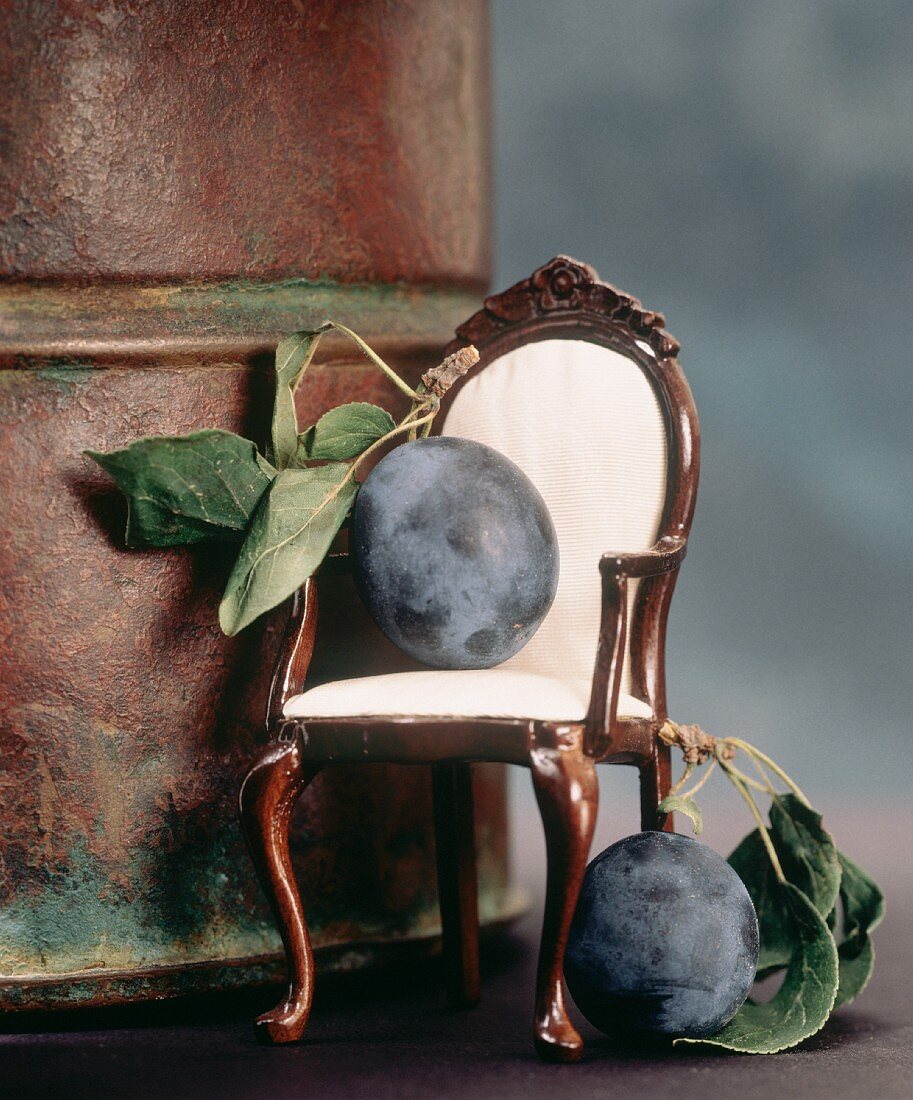 Two Damson Plums; One on a Miniature Chair