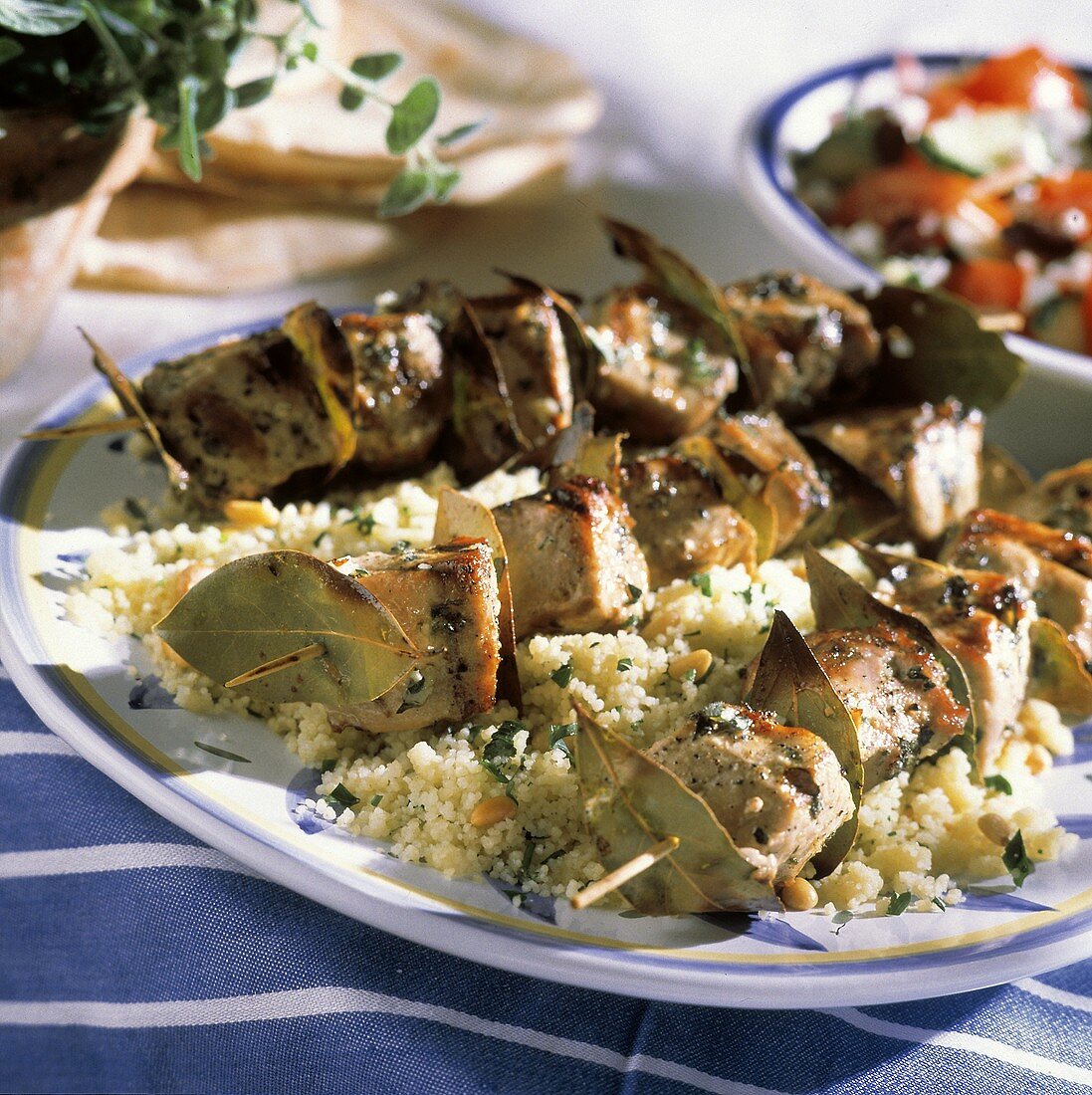 Grilled Tuna Kabobs with Bay Leaves; Bed of Couscous