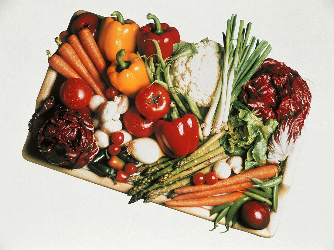 Assorted Vegetables on a Wooden Tray