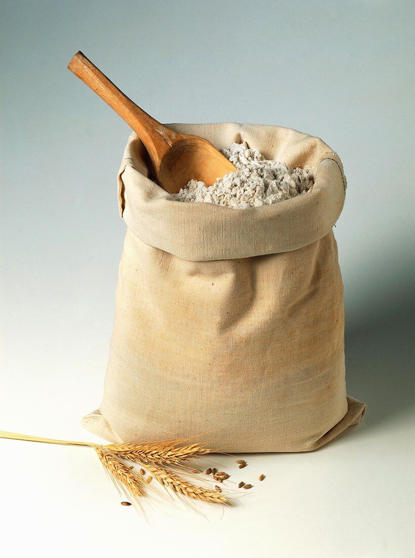 Flour in a Bag with a Wooden Scoop