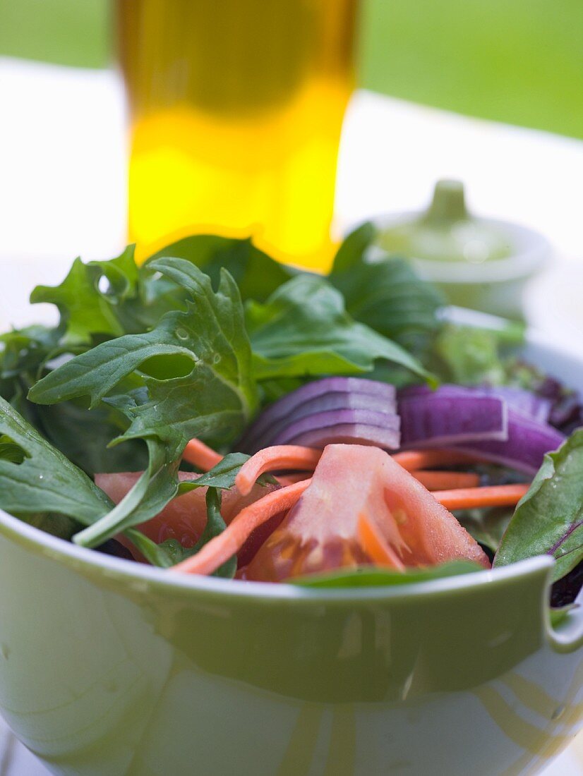 Rocket salad with tomatoes, onions and carrots