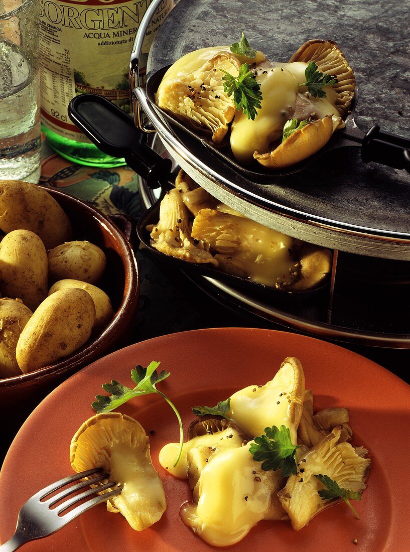 Oyster Mushrooms with Garlic in a Raclette