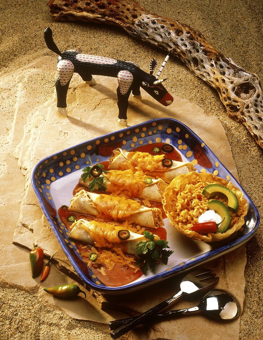 Enchiladas mit Käse, Tomatensauce und Reis auf einer Platte