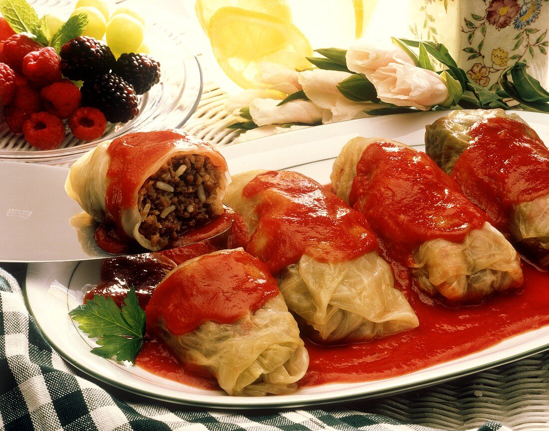 Stuffed Cabbage Leaves with Tomato Sauce