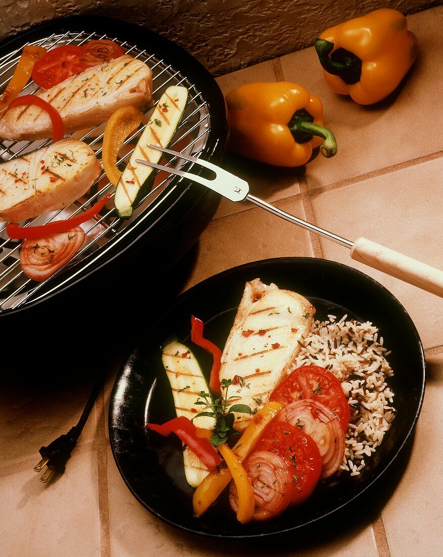 Grilled Fish Fillet with Vegetables and Wild Rice