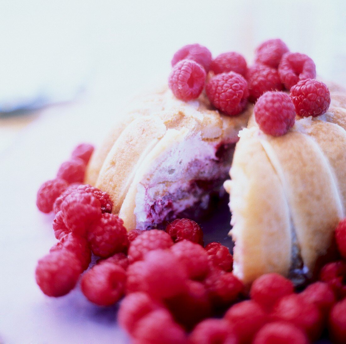 Raspberry Cream Filled Sponge Cake; Fresh Raspberries