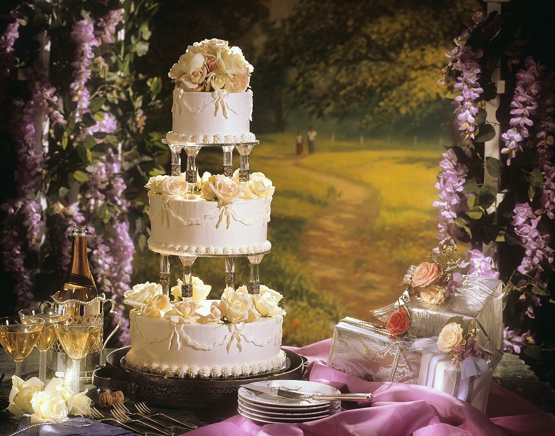 Three Tier Wedding Cake; Wine and Presents