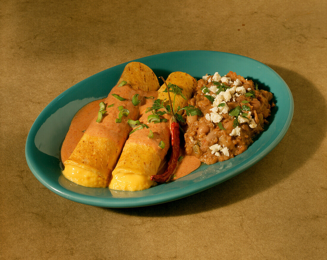 Käse-Enchiladas mit Chili Con Carne auf grünem Teller