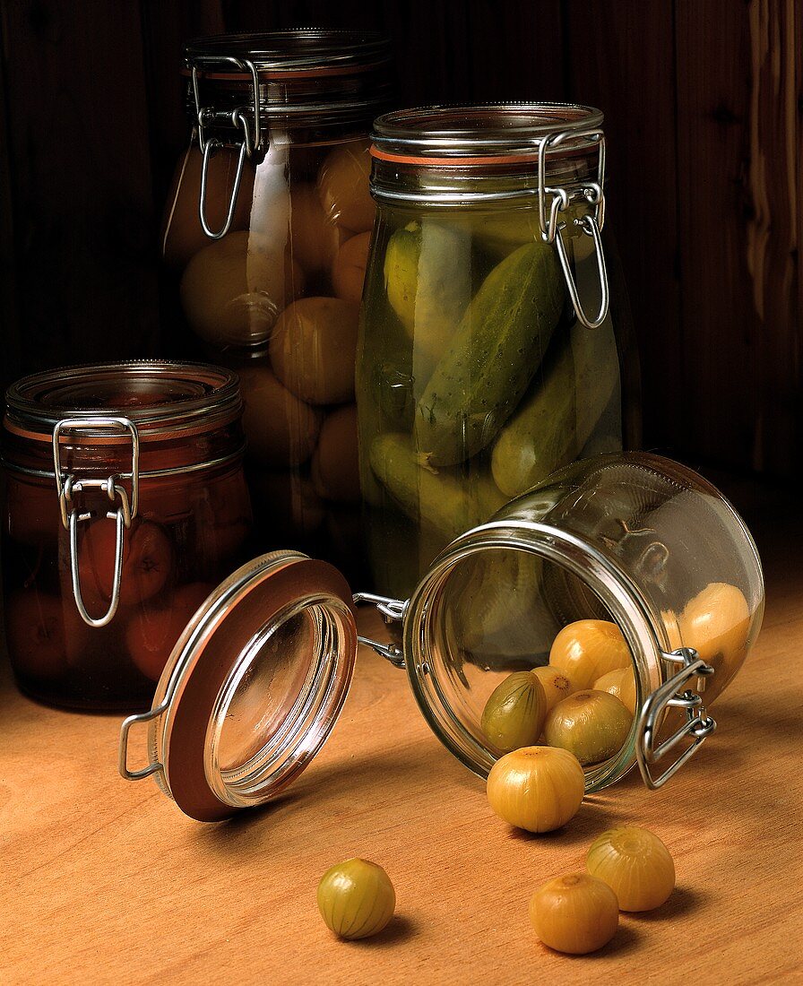 Pickled Onions with Other Pickled Foods in Jars
