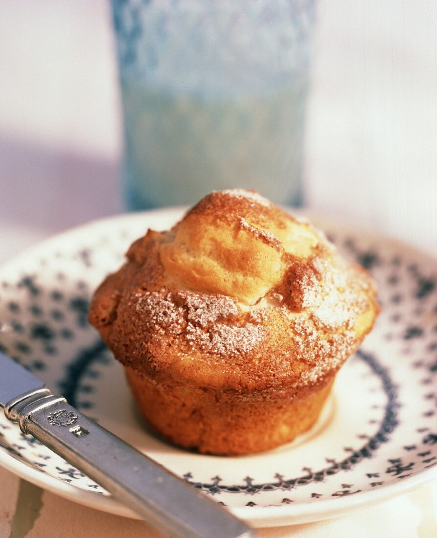 Apfel-Walnuss-Muffin mit Puderzucker auf Teller