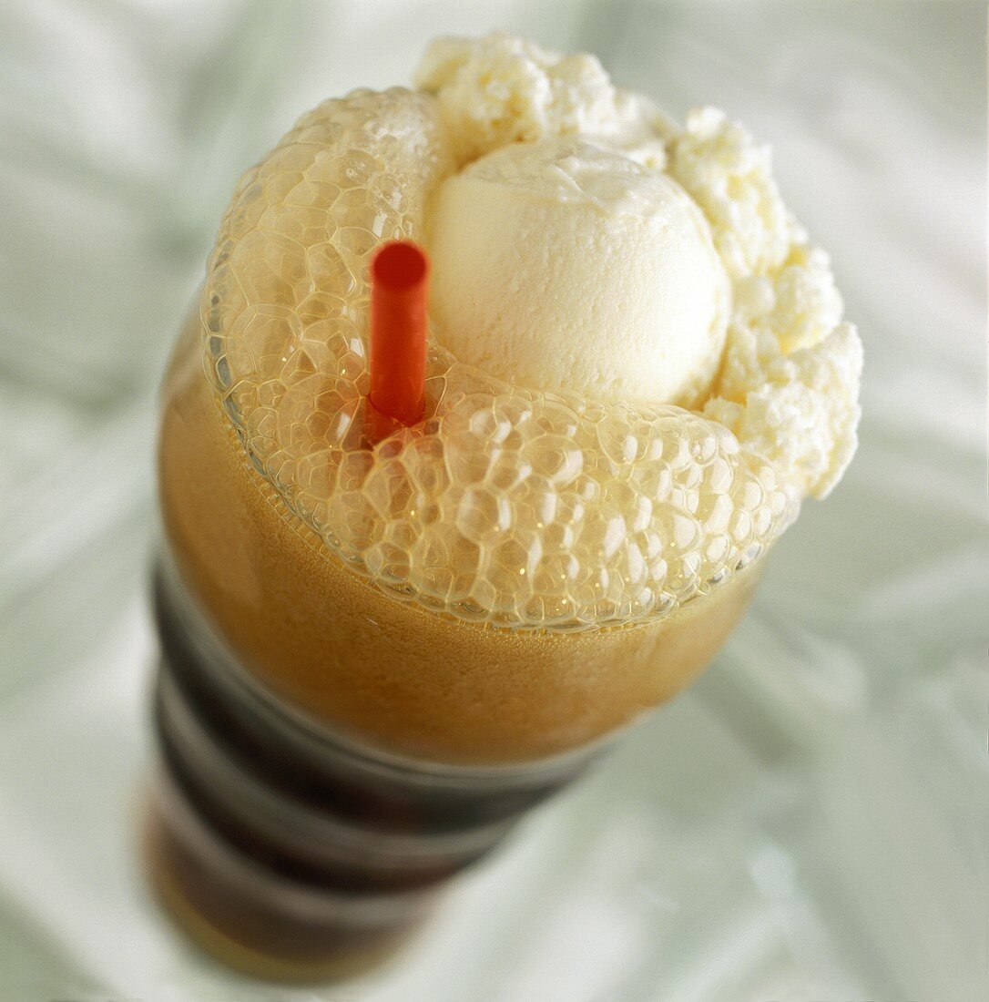 A Root Beer Float with Red Straw