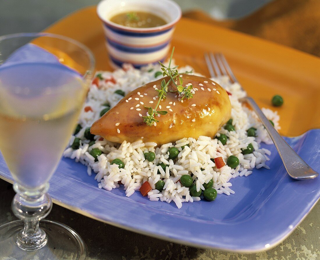 Honey Glazed Chicken Breast with Peas and Rice