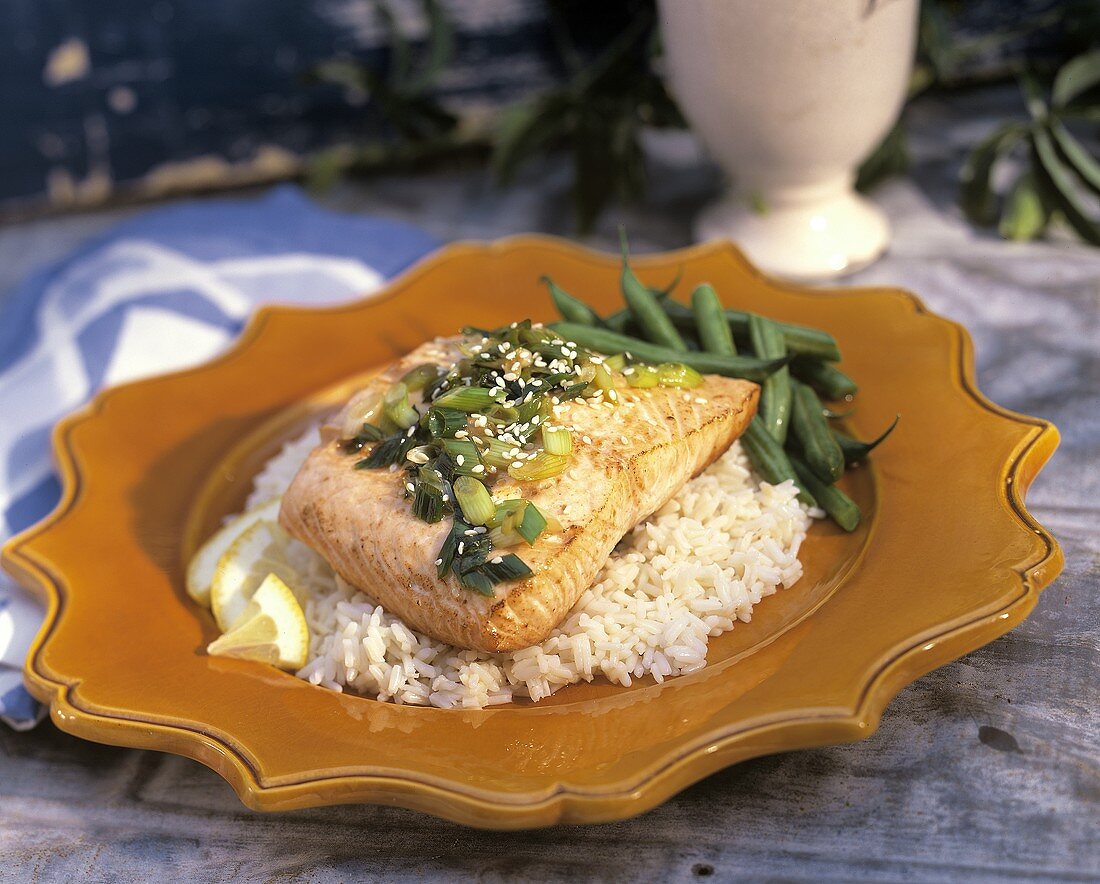 Baked Salmon with Sesame Seeds and Green Onion Over Rice