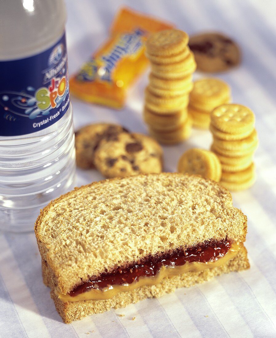 Half of a Peanut Butter and Jelly Sandwich with Crackers and Water