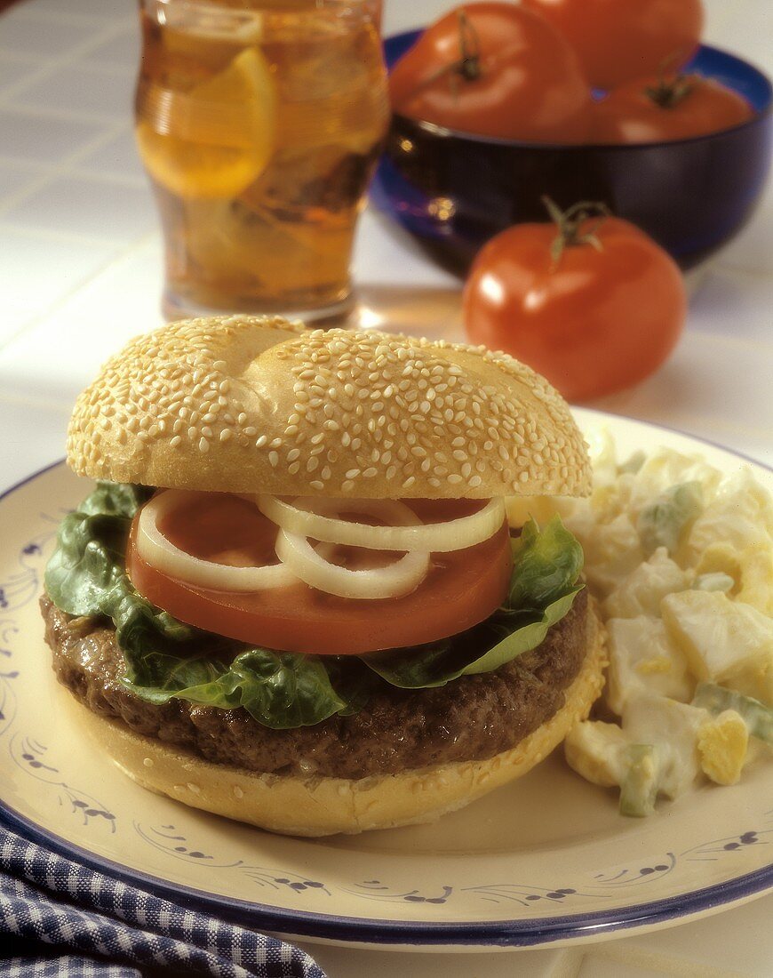 Hamburger on a Sesame Bun with Potato Salad