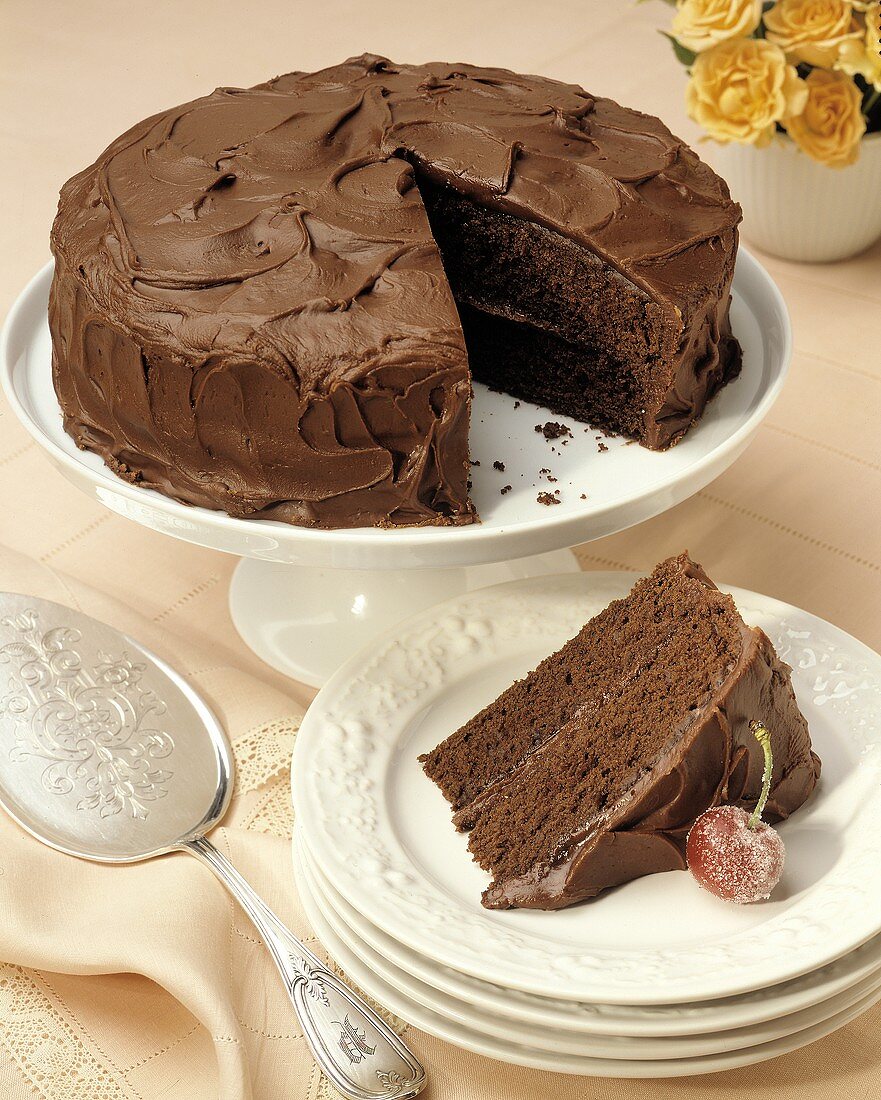 A Devil's Food Cake with Slice