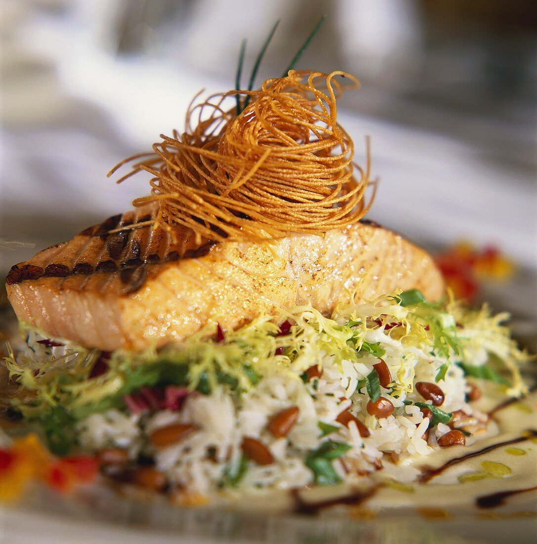Grilled Salmon Fillet On a Bed of Rice with Fried Angel Hair