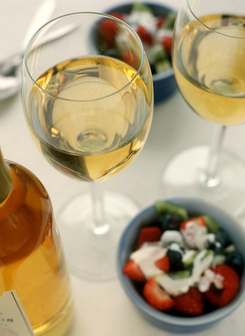 Glasses of Dessert Wine with Fruit Salad