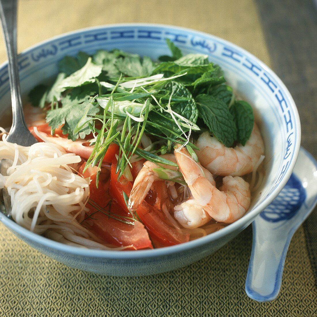 Hot and Sour Soup with Noodles, Shrimp and Tomato