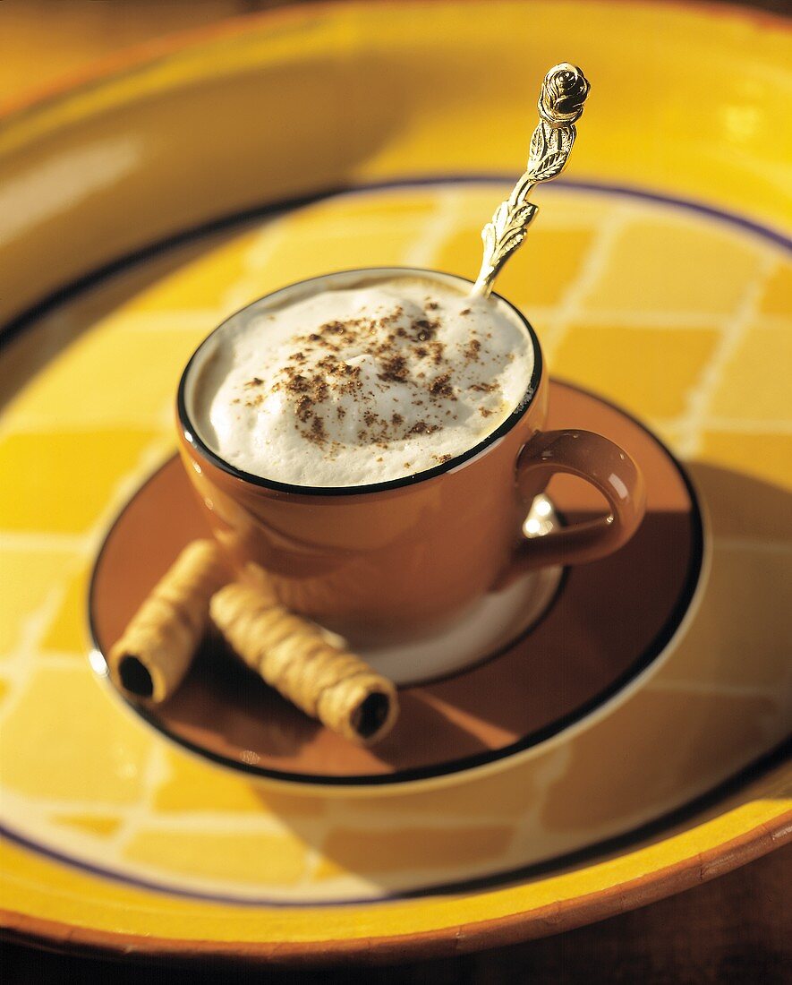 Cappuccino in brauner Tasse mit Hippenröllchen
