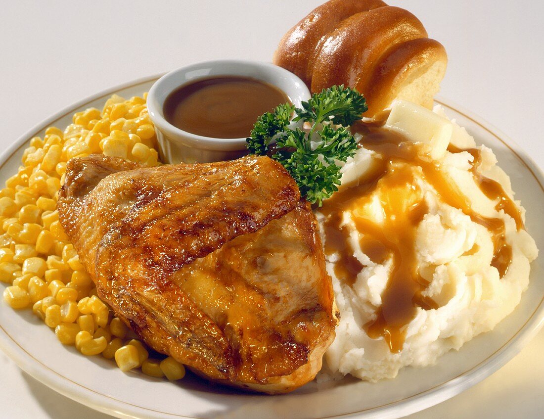 Baked Chicken with Mashed Potatoes and Corn