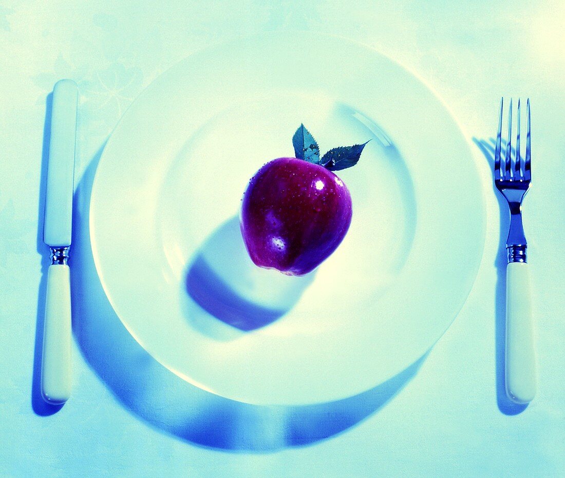 A Red Delicious Apple on a Plate; Fork and Knife