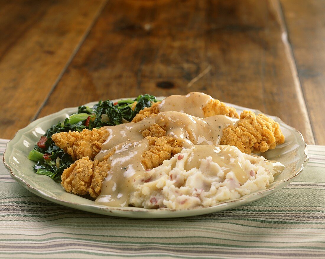 Fried Chicken with Pan Gravy, Mashed Potatoes and Greens